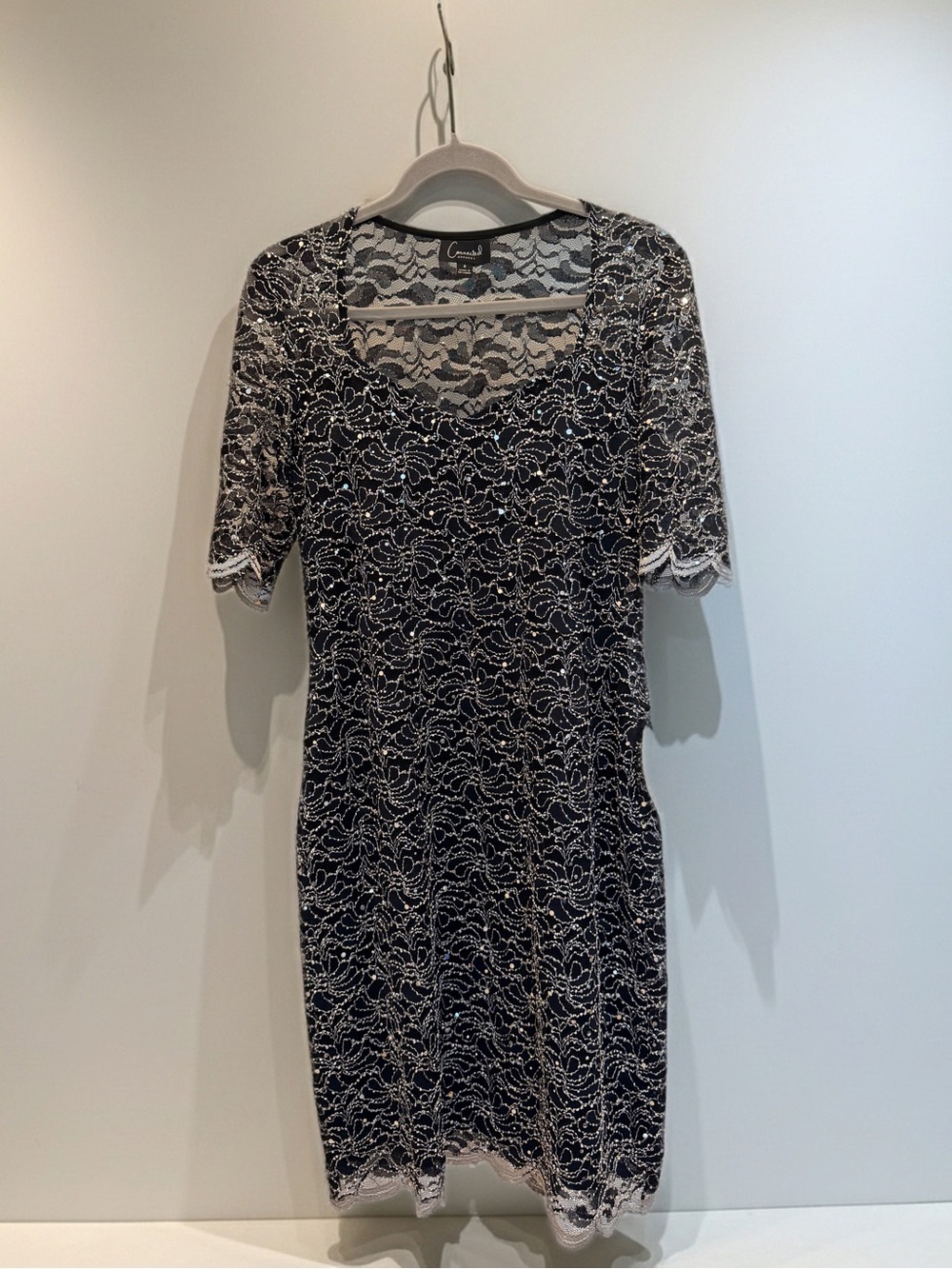 Connected Apparel Sequin Lace Sheath Dress Silver Black Cocktail Evening NWT 8